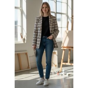 Akris Punto Neutral Geometric Scroll Print Tailored Blazer Jacket Brown Sz 8